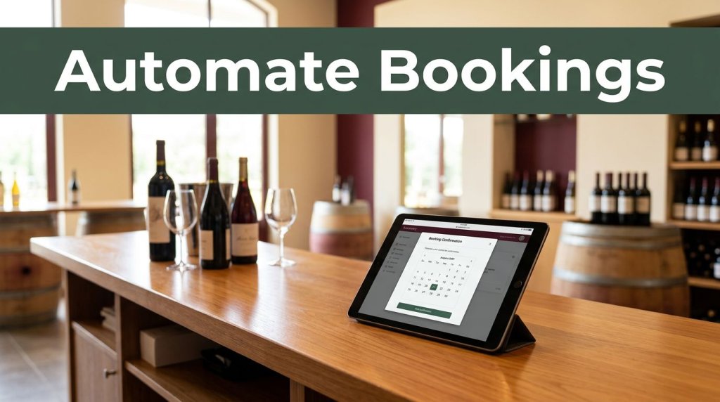A winery desk with a booking calendar on a tablet and blurred wine bottles behind it.