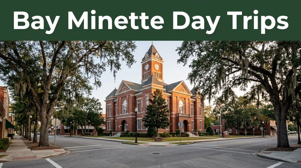 Baldwin County Courthouse on a quiet street beneath a dark-green Bay Minette Day Trips banner.
