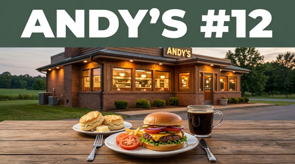 A roadside diner with a burger, biscuits, and coffee on a wooden table.