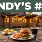 A roadside diner with a burger, biscuits, and coffee on a wooden table.