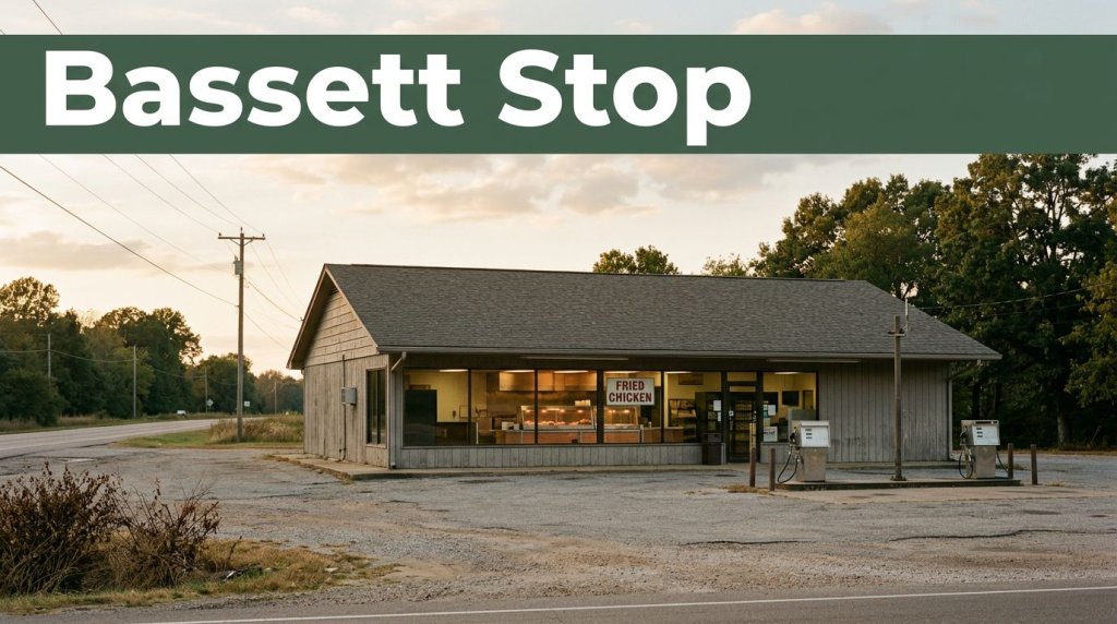 A clean roadside convenience store with a fried-chicken counter and green Bassett Stop banner.