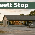 A clean roadside convenience store with a fried-chicken counter and green Bassett Stop banner.