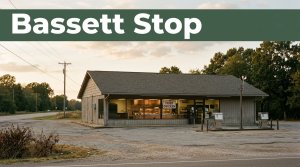 A clean roadside convenience store with a fried-chicken counter and green Bassett Stop banner.