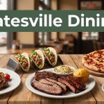 A restaurant table with steak, tacos, barbecue, pizza, and coffee in Batesville.