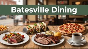 A restaurant table with steak, tacos, barbecue, pizza, and coffee in Batesville.