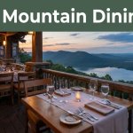 Set dining table on a mountain terrace overlooking Blue Mountain Lake and a warmly lit lodge restaurant.
