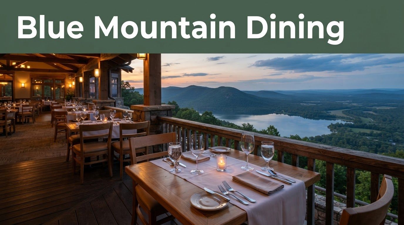 Set dining table on a mountain terrace overlooking Blue Mountain Lake and a warmly lit lodge restaurant.
