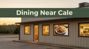 A small Arkansas diner with warm windows and a Southern meal visible inside at sunset.