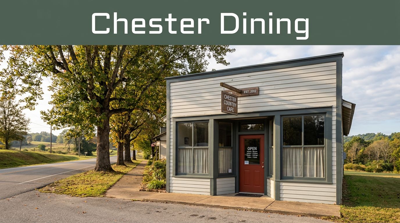 Chester Country Cafe storefront with a green Chester Dining banner in warm morning light.