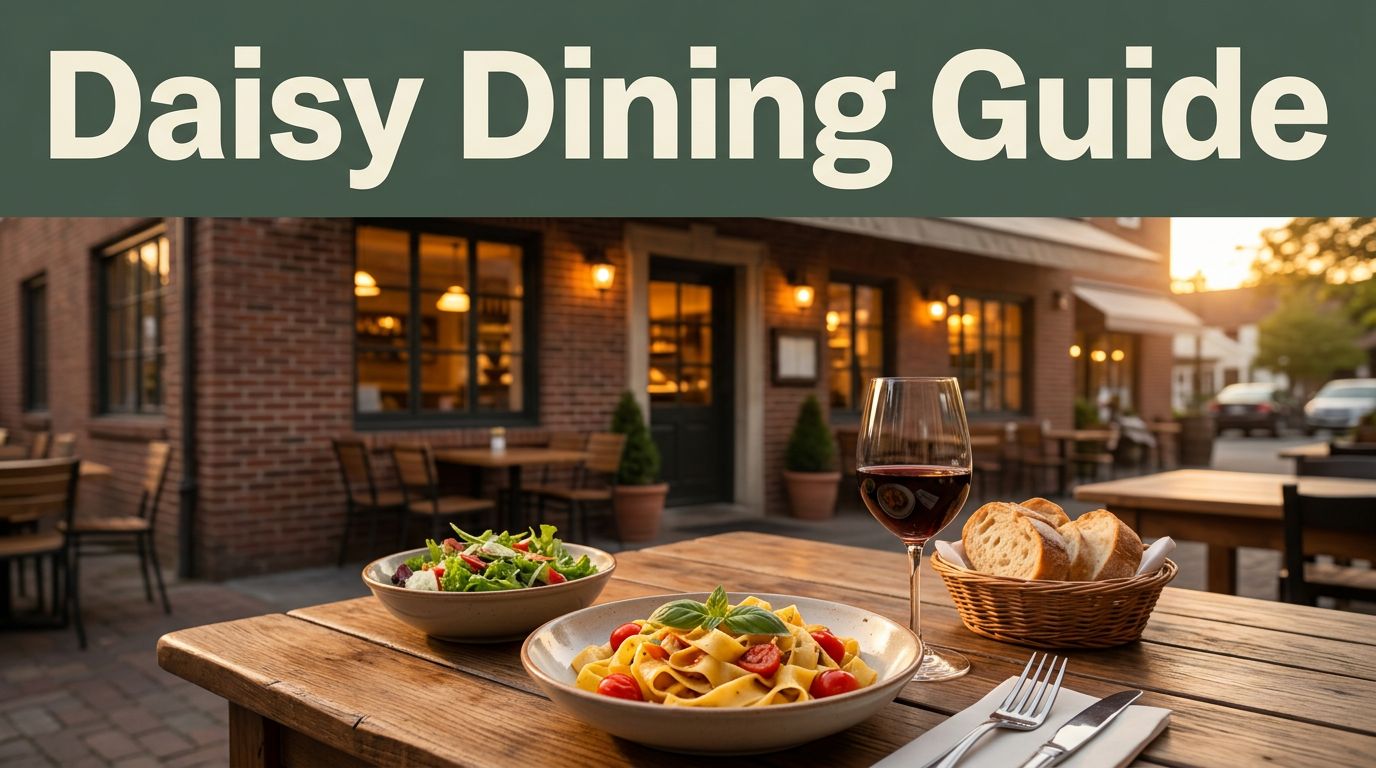 Italian restaurant with warm windows and a table of pasta, salad, and bread.