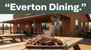 A rustic barbecue restaurant with a steaming platter on a picnic table.