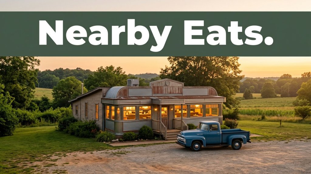A small roadside diner with warm lights, a vintage pickup, and greenery at golden hour.