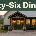 A rustic Arkansas restaurant glows at sunset beneath a green Fifty-Six Dining banner.