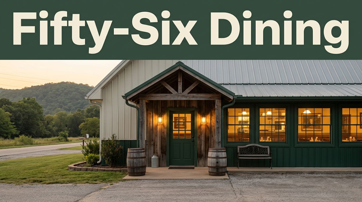A rustic Arkansas restaurant glows at sunset beneath a green Fifty-Six Dining banner.