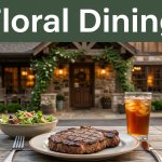Rustic steakhouse exterior with grilled steak, salad, and iced tea at sunset.