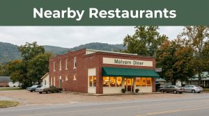 A small Arkansas diner glows beside a quiet road beneath green hills.