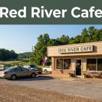 A rural Arkansas café entrance with parked cars in warm morning light.