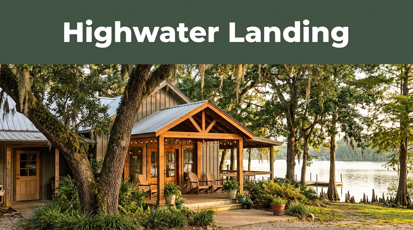 A Southern restaurant entrance and patio beside a lake and oak trees.