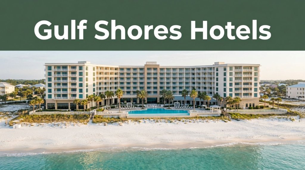 Beachfront hotel with a pool, palm trees, white sand, and a Gulf Shores Hotels banner.