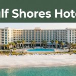 Beachfront hotel with a pool, palm trees, white sand, and a Gulf Shores Hotels banner.