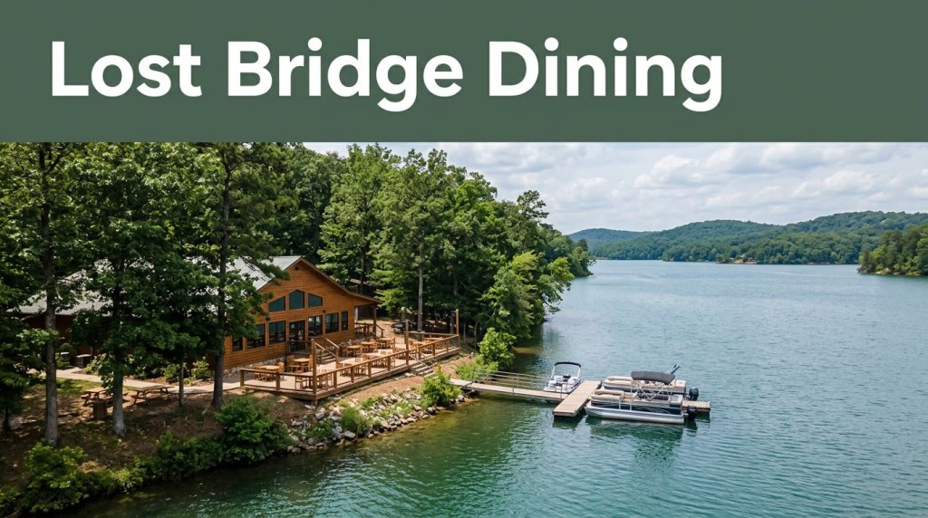 A lakeside restaurant patio with a dock, calm water, and wooded shoreline.