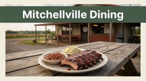 Plate of ribs, beans, and coleslaw on a picnic table beneath a green dining banner.