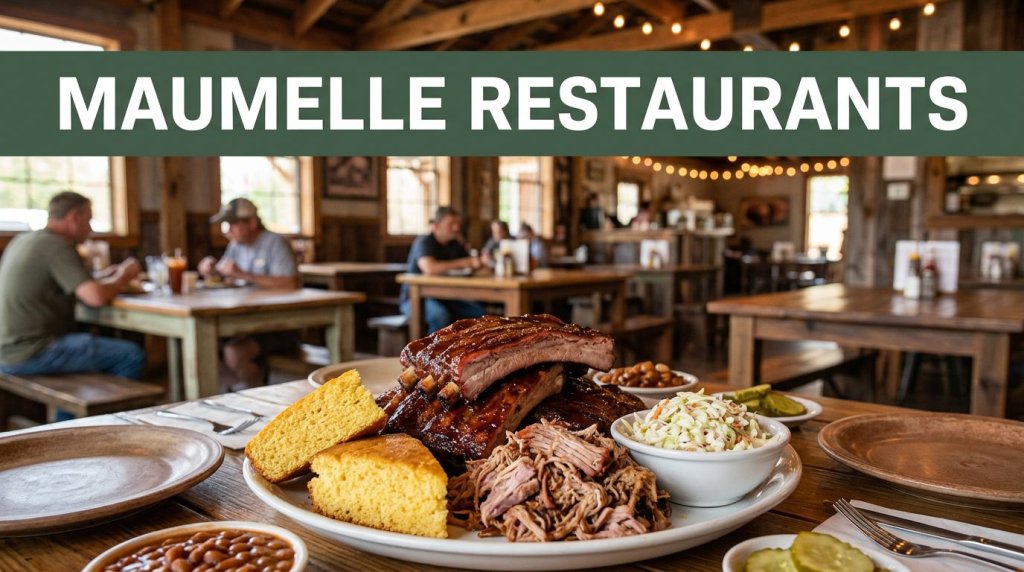 A barbecue platter sits on a table beneath a green Maumelle Restaurants banner.