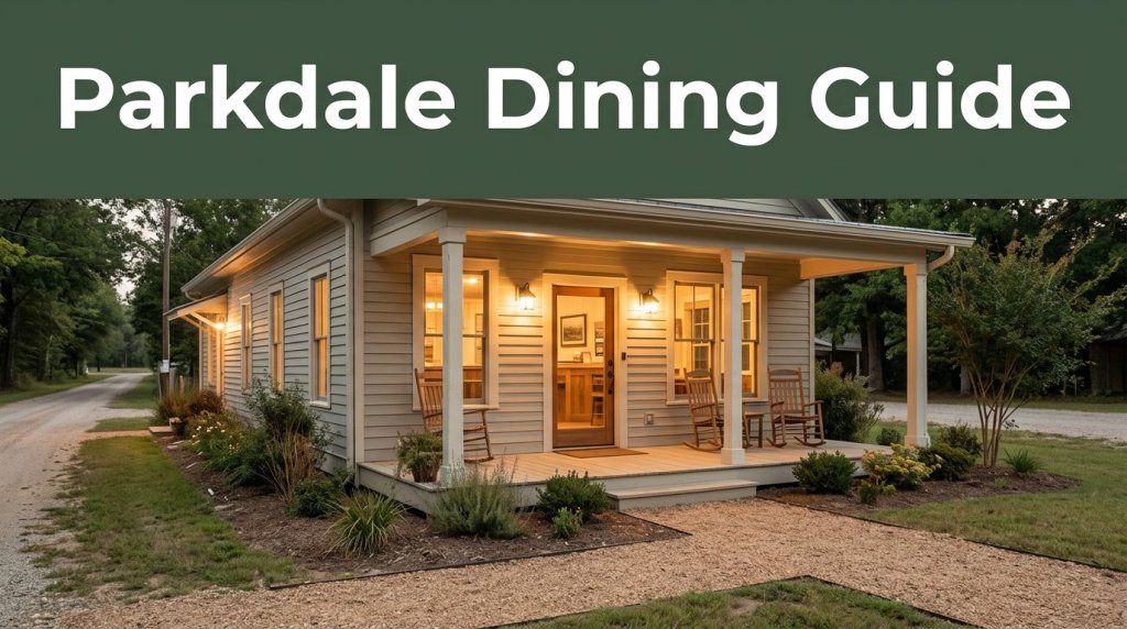 A warmly lit country restaurant with a porch and green Parkdale Dining Guide banner.