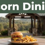 Burger and fries outside a rustic clubhouse restaurant with wooded hills behind.