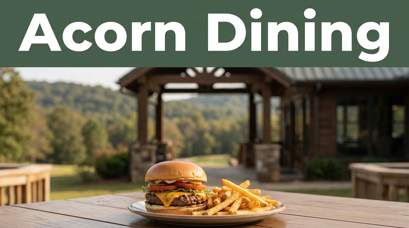 Burger and fries outside a rustic clubhouse restaurant with wooded hills behind.