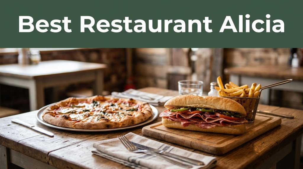 Pizza, sandwich, and fries on a rustic table beneath a green headline band.