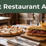 Pizza, sandwich, and fries on a rustic table beneath a green headline band.