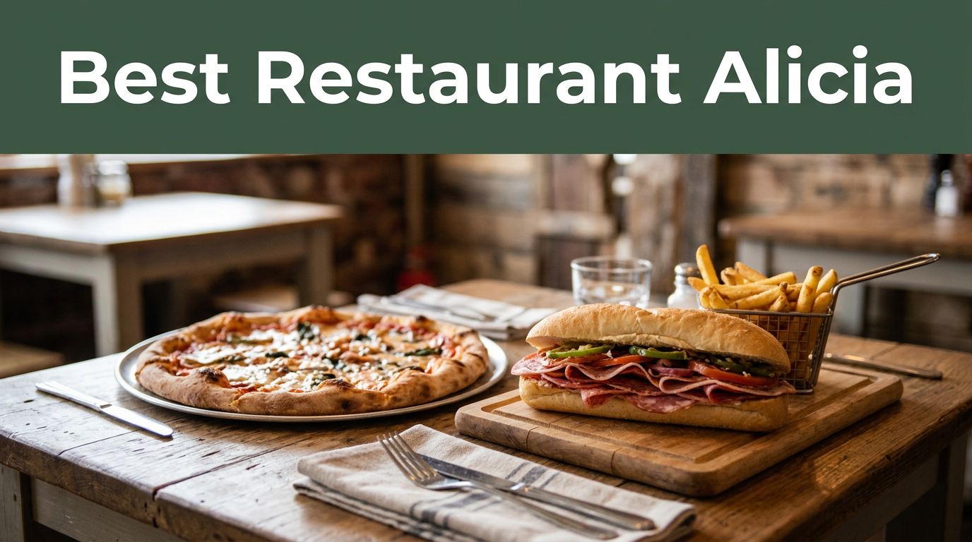 Pizza, sandwich, and fries on a rustic table beneath a green headline band.