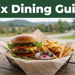 Burgers and fries sit on a rustic table with blurred Arkansas countryside behind.
