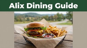 Burgers and fries sit on a rustic table with blurred Arkansas countryside behind.