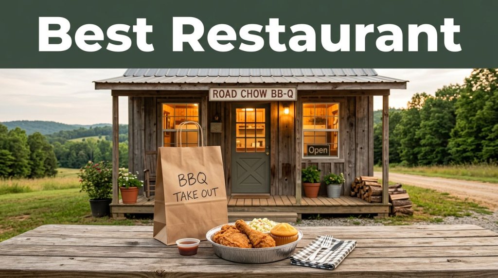 A takeout meal sits outside a warmly lit roadside restaurant in rural Arkansas.