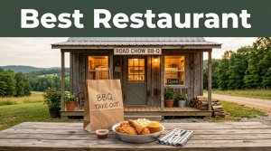 A takeout meal sits outside a warmly lit roadside restaurant in rural Arkansas.