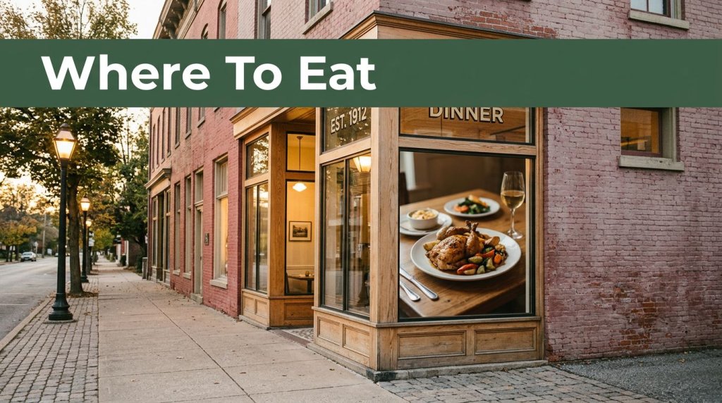Historic restaurant with warm windows and a meal visible inside.