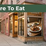 Historic restaurant with warm windows and a meal visible inside.