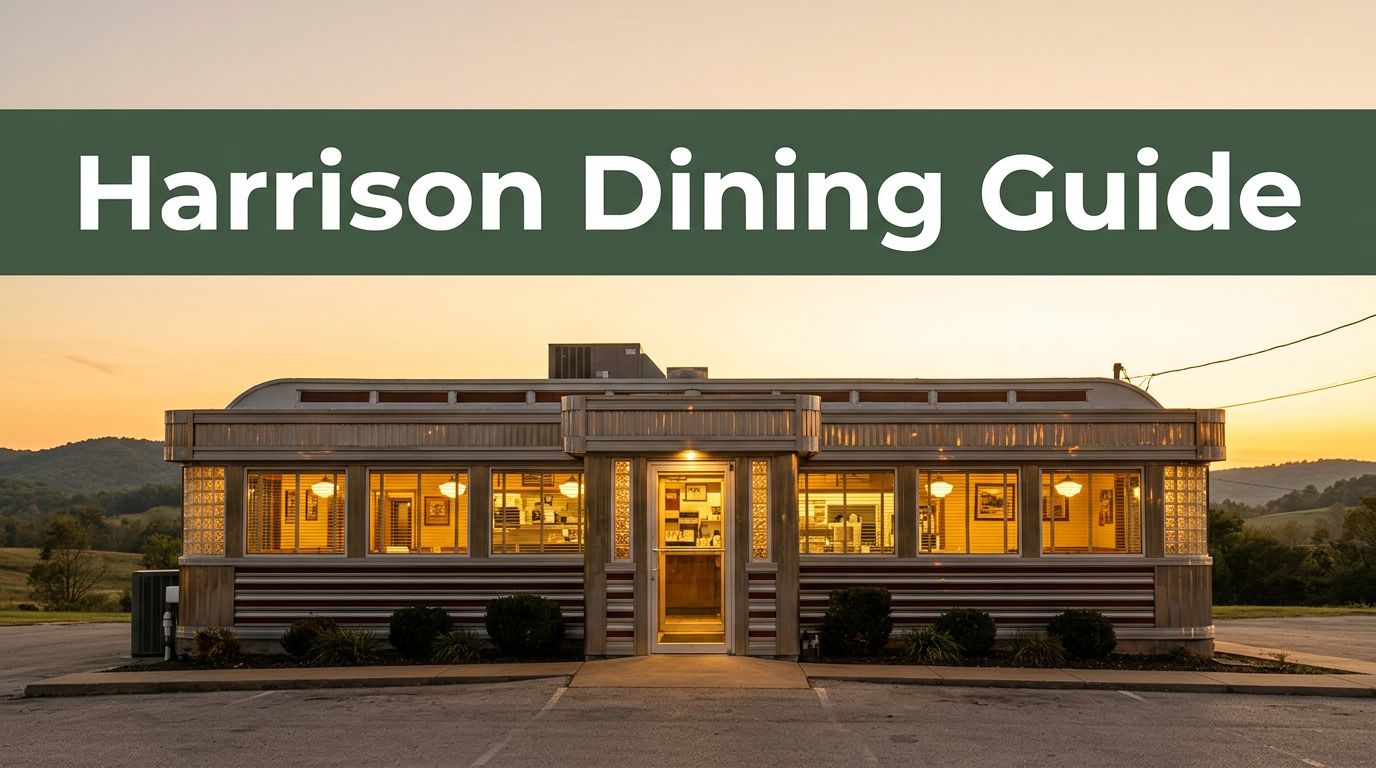 A vintage diner in Harrison, Arkansas, glows at sunset beneath a Harrison Dining Guide banner.