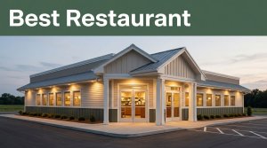 A warmly lit roadside diner exterior at dusk with a welcoming entrance and green headline band.