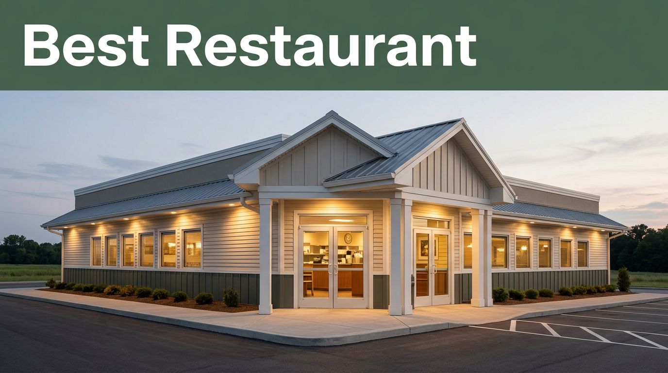 A warmly lit roadside diner exterior at dusk with a welcoming entrance and green headline band.
