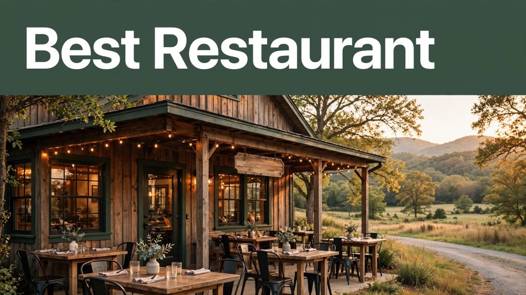 A cozy Arkansas restaurant with porch tables and Ozark hills in warm evening light.