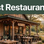 A cozy Arkansas restaurant with porch tables and Ozark hills in warm evening light.