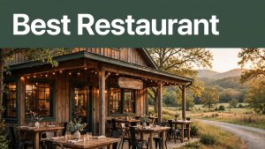 A cozy Arkansas restaurant with porch tables and Ozark hills in warm evening light.