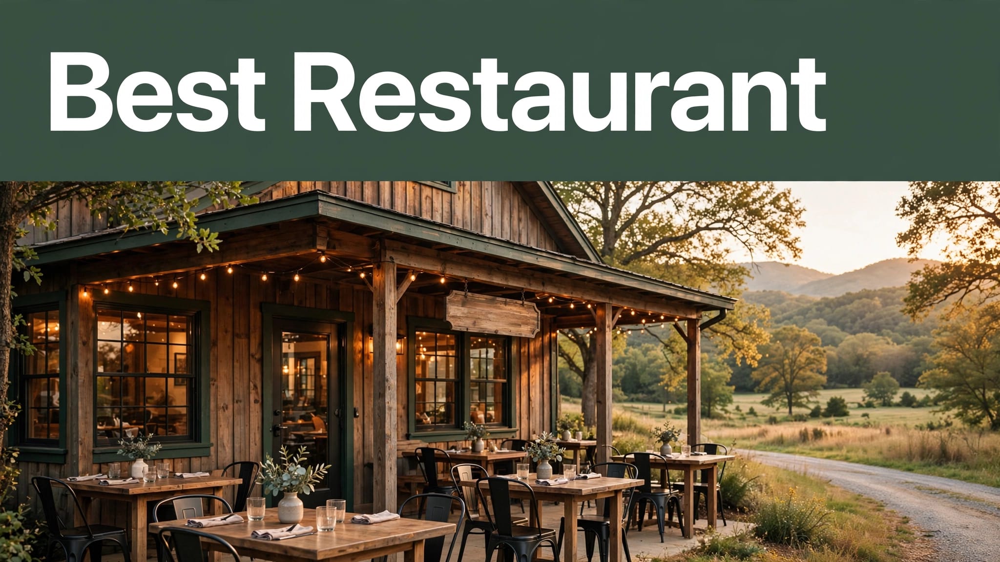 A cozy Arkansas restaurant with porch tables and Ozark hills in warm evening light.