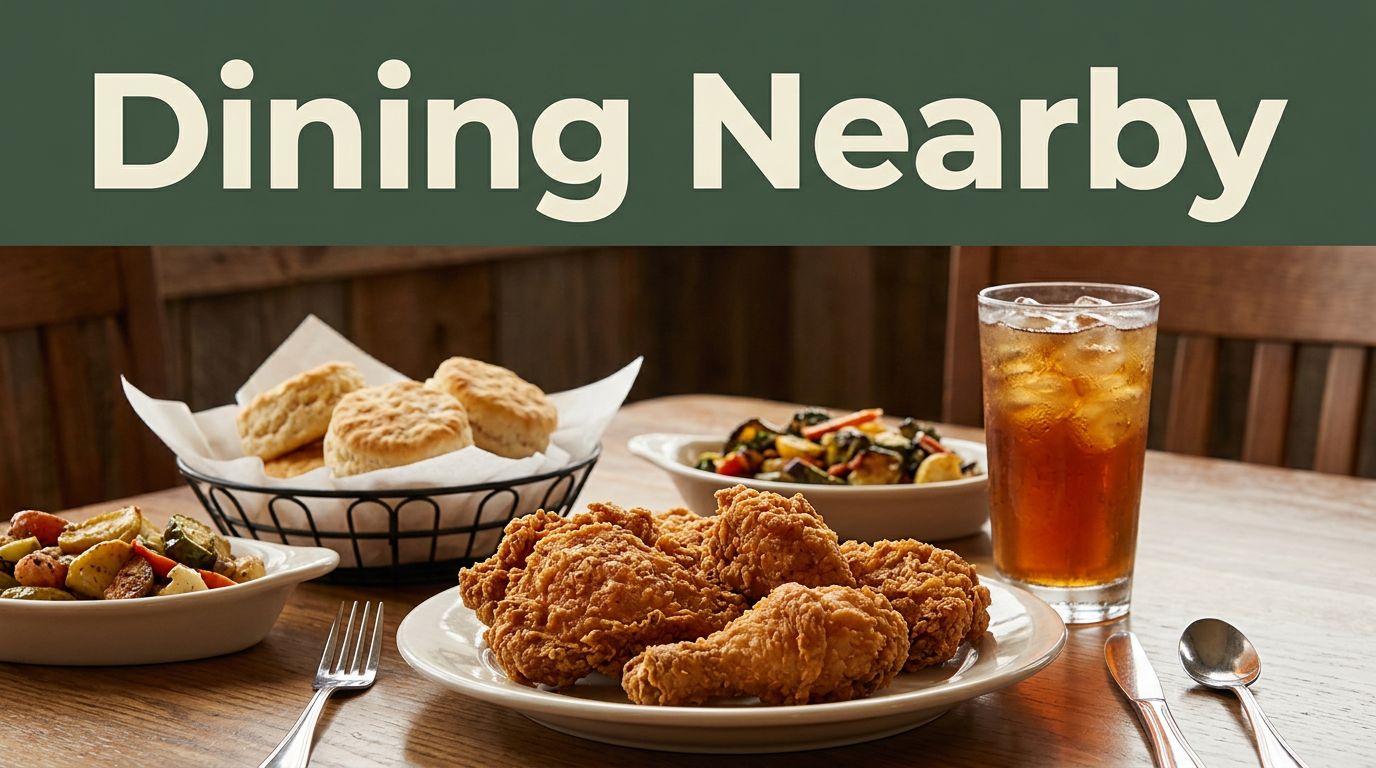 Fried chicken, biscuits, vegetables, and iced tea on a warmly lit restaurant table.