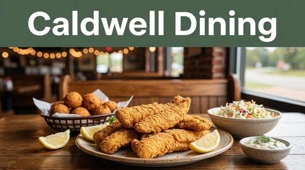 Fried catfish, hush puppies, lemon, and coleslaw on a rustic table outside an Arkansas restaurant.
