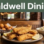Fried catfish, hush puppies, lemon, and coleslaw on a rustic table outside an Arkansas restaurant.