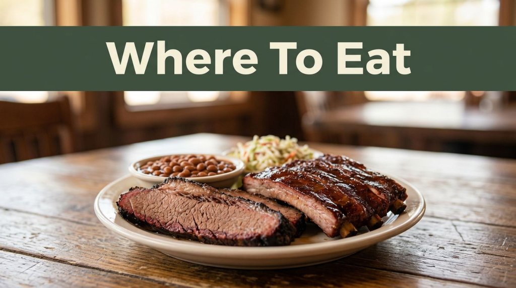 A barbecue plate with brisket, ribs, beans, and coleslaw on a wooden table.